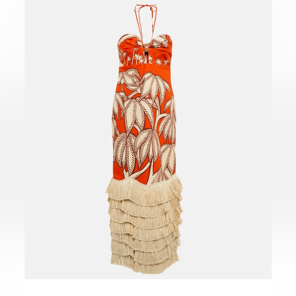 Johanna Ortiz Kuba Kingdom Orange Raffia Fringe Dress Size 2